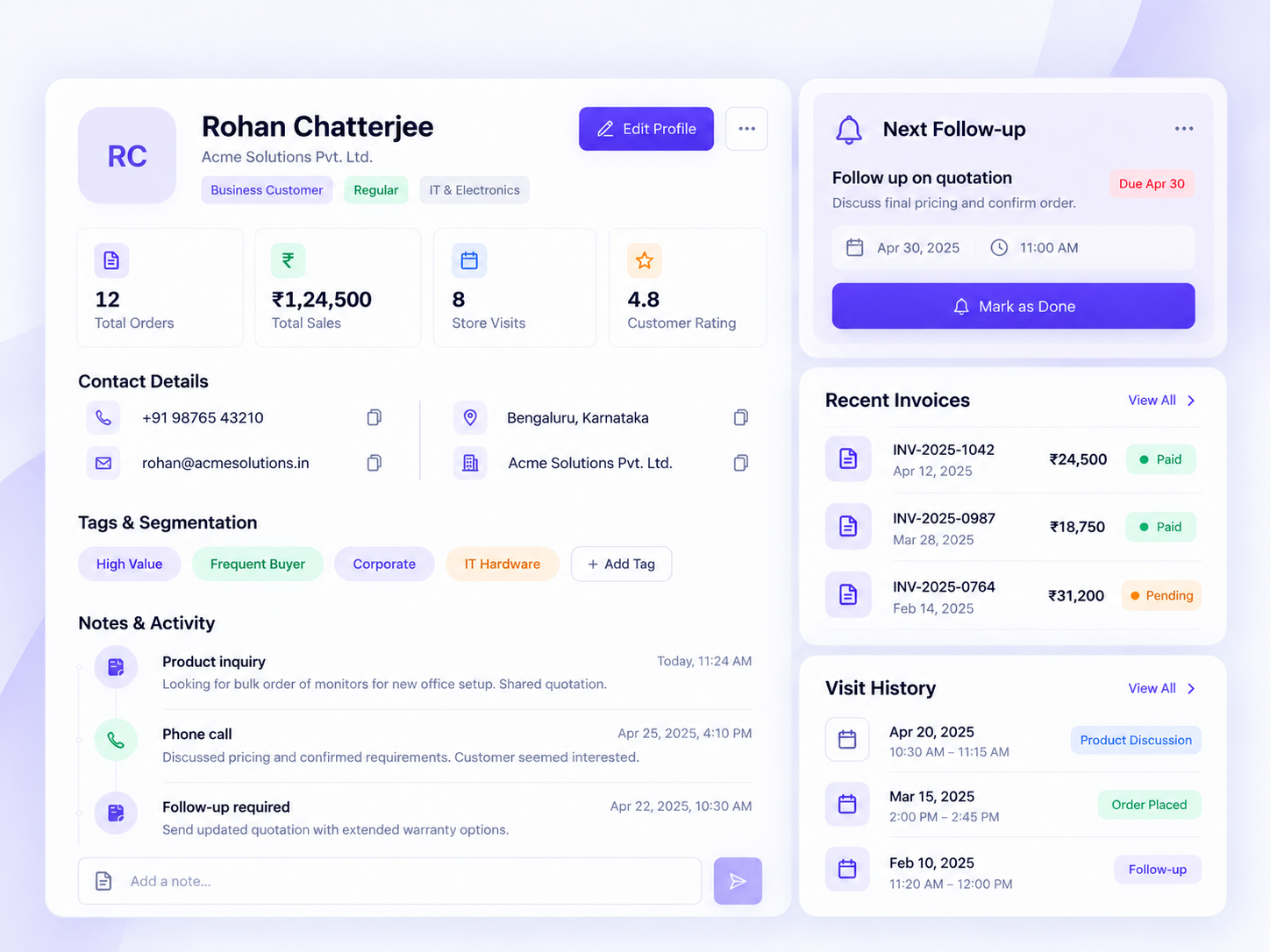 Bilzee CRM customer profiles and client intelligence dashboard