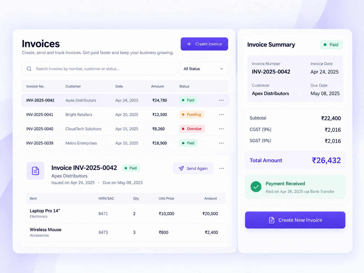 Bilzee GST-compliant billing and invoice management dashboard